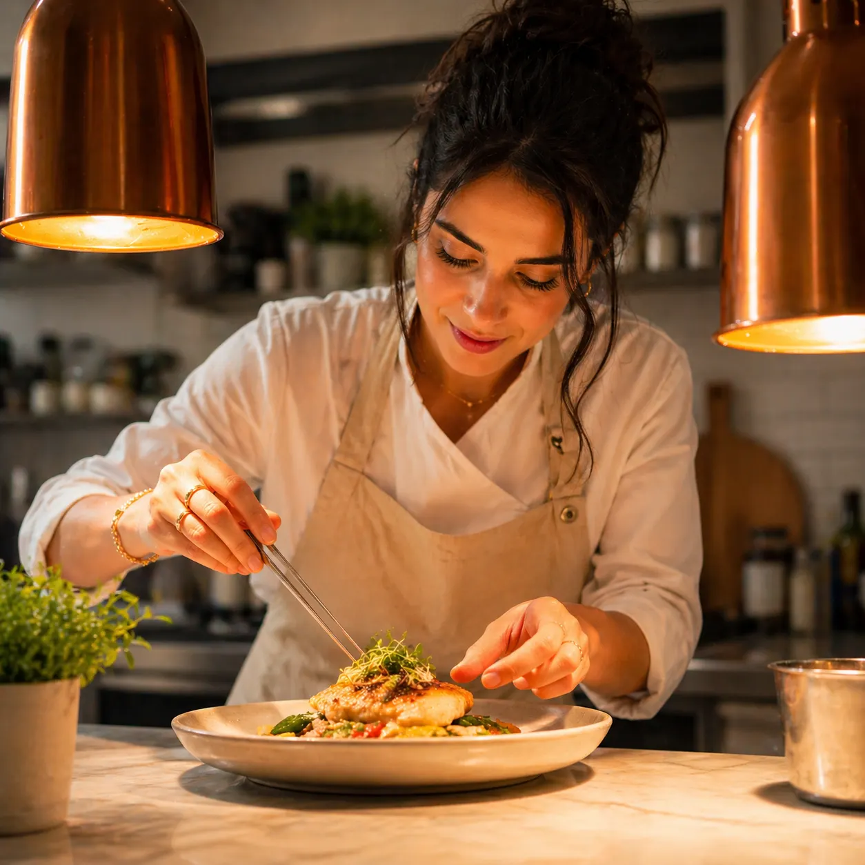 Chef smiling in a warm kitchen