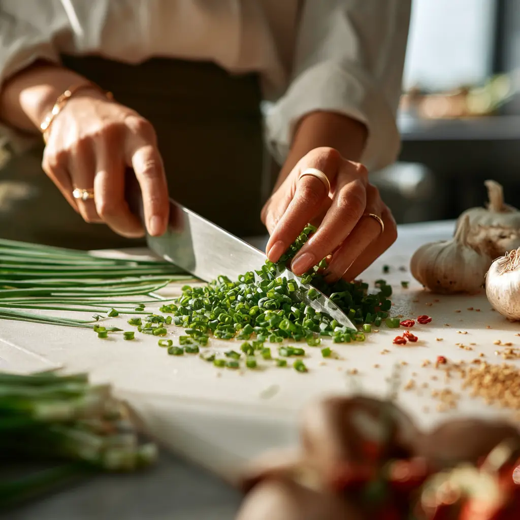 Female chef hands chopping vegetables on cutting board