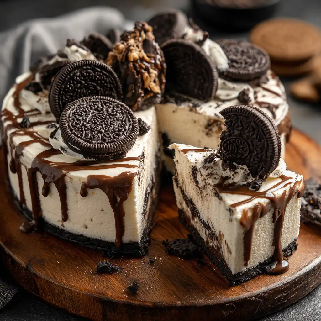 No Bake Oreo Cheesecake with creamy filling and chocolate Oreo crust topped with whole cookies
