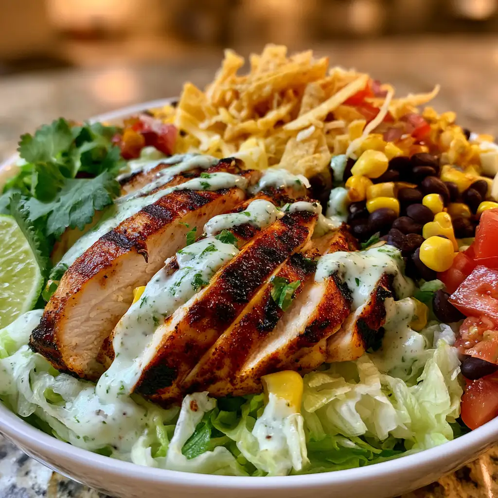 Bowl of cilantro lime chicken taco salad with black beans, corn, and avocado