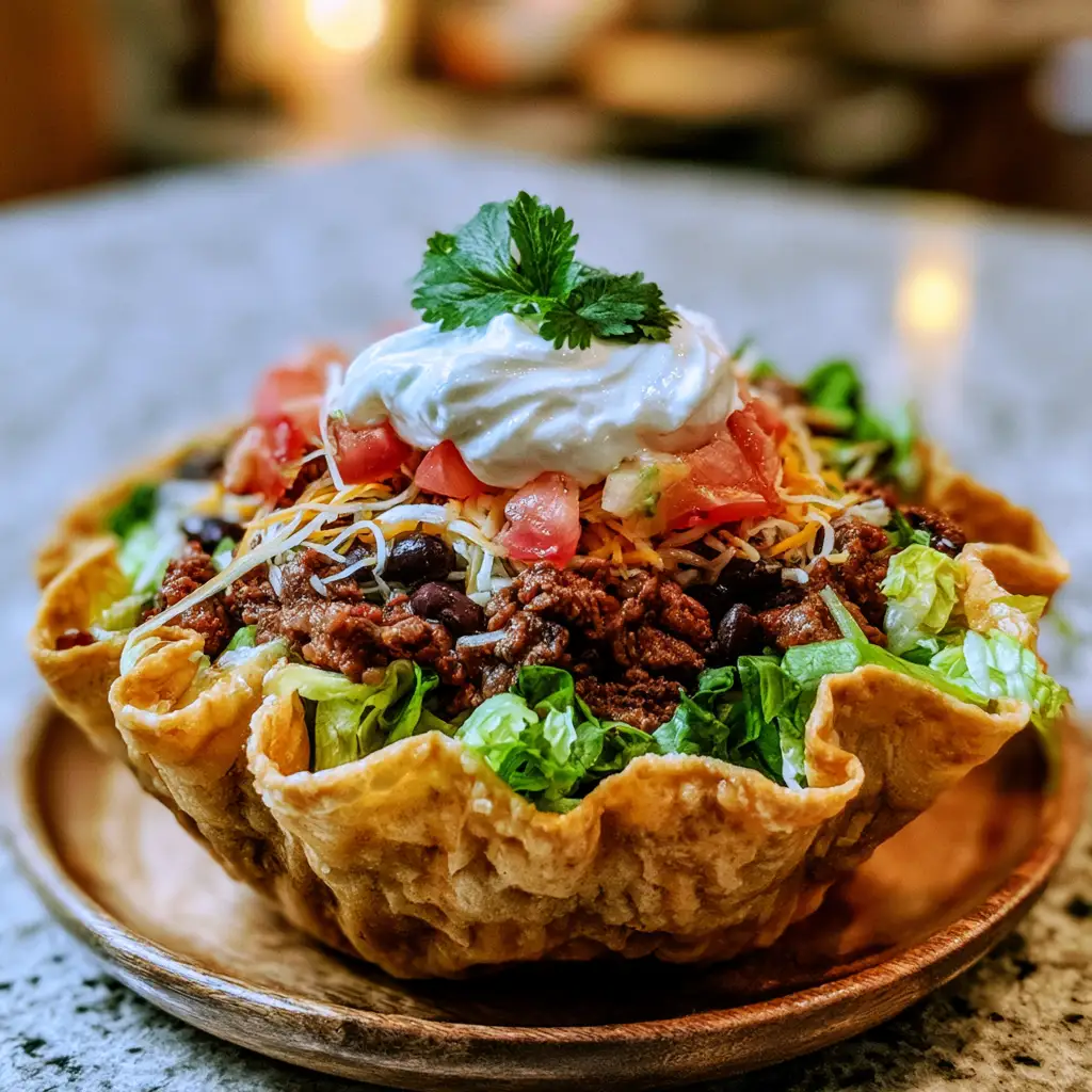 Ground beef taco salad tortilla bowl topped with cheese, tomatoes, and lettuce