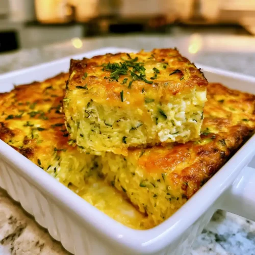 Slice of zucchini cottage cheese bake on a plate with melted cheese on top