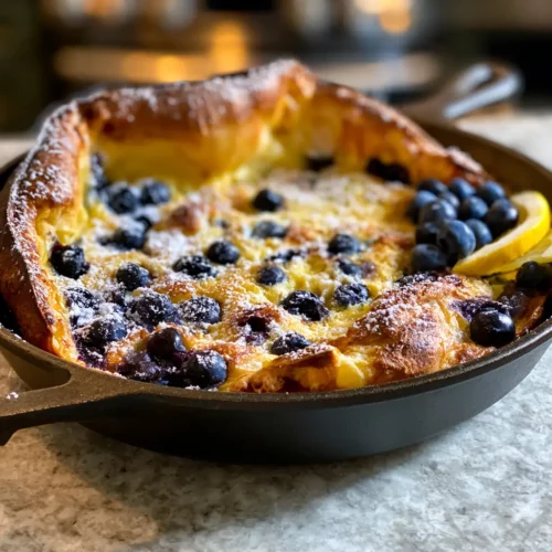 Puffed lemon blueberry Dutch baby pancake fresh out of the oven in a cast iron skillet