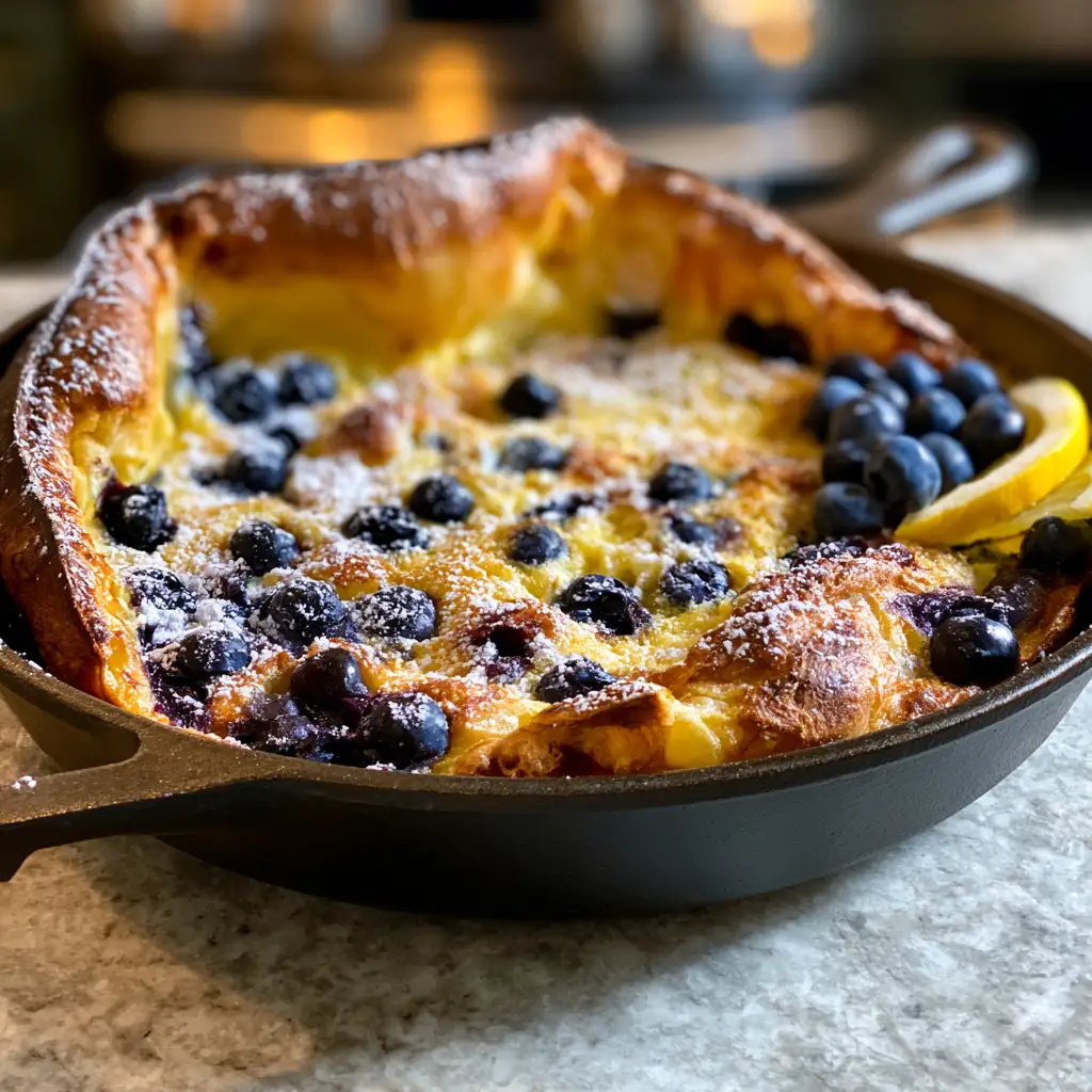 Puffed lemon blueberry Dutch baby pancake fresh out of the oven in a cast iron skillet