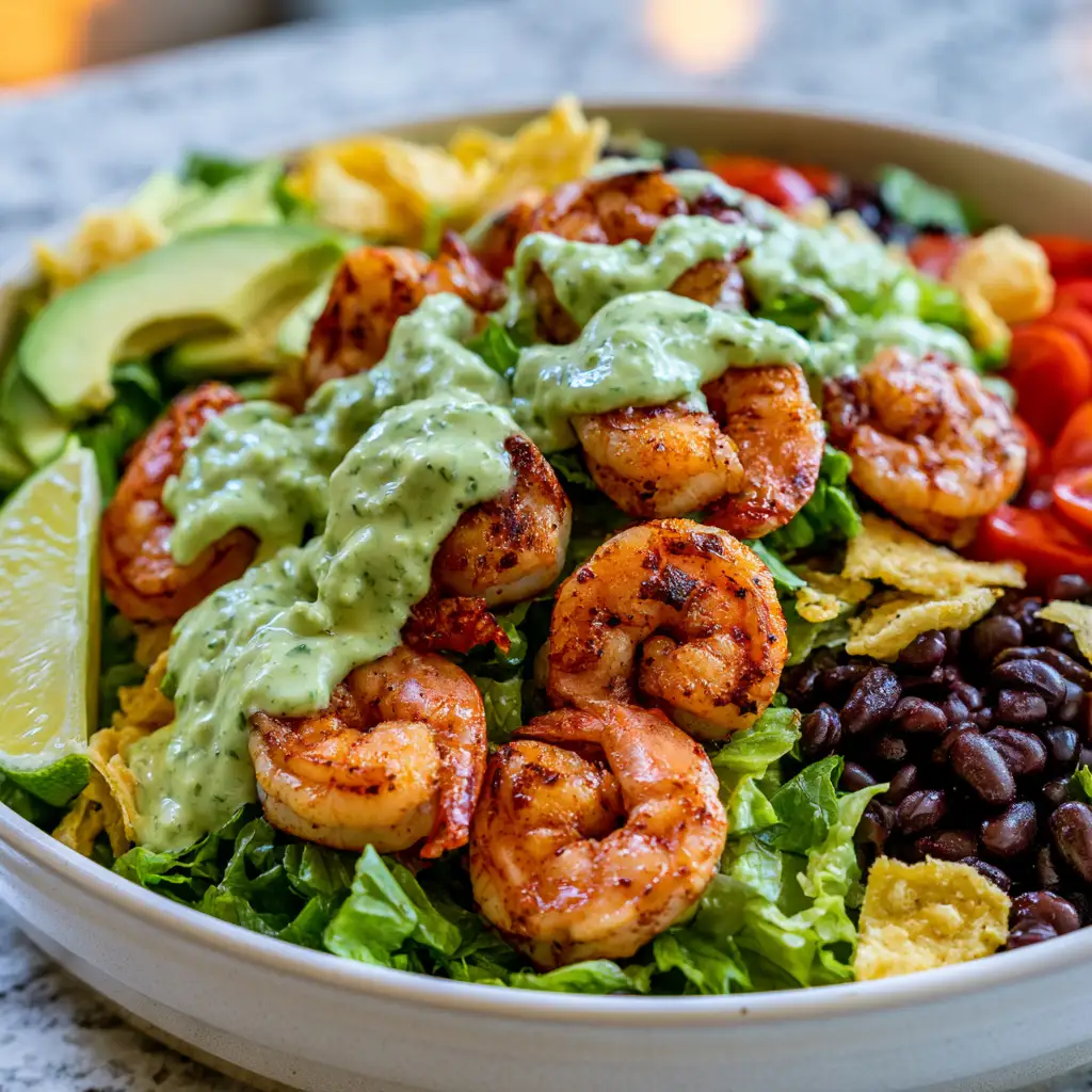 Shrimp taco salad with cilantro lime dressing topped with avocado and tortilla chips