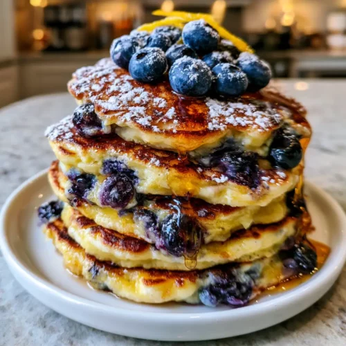 Stack of blueberry lemon ricotta pancakes topped with fresh blueberries and powdered sugar