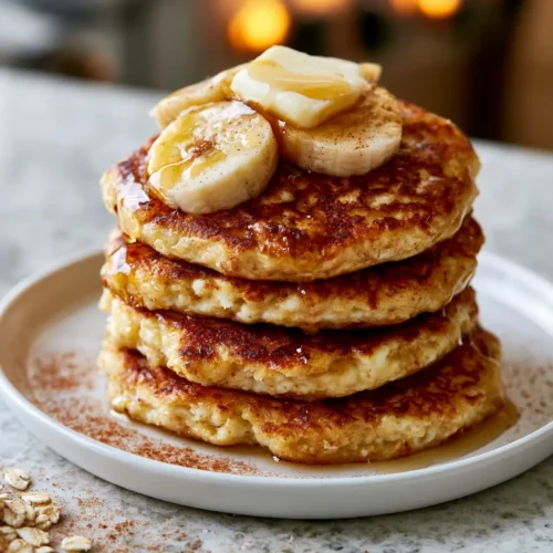 Stack of high-protein cottage cheese banana pancakes topped with banana slices