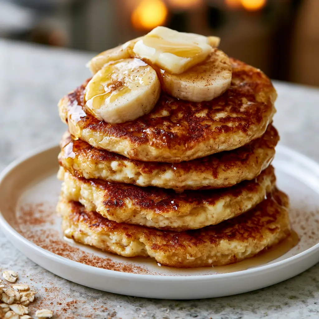Stack of high-protein cottage cheese banana pancakes topped with banana slices