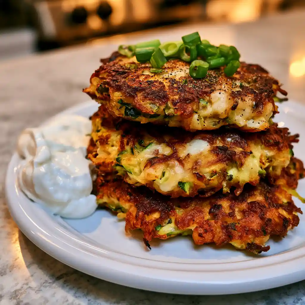 Crispy cheesy zucchini fritters with sour cream and green onions on a white plate
