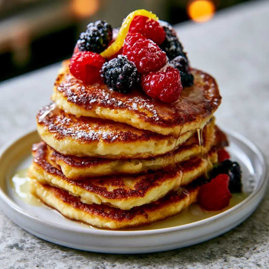 Stack of fluffy Italian ricotta pancakes with lemon zest and fresh berries on top