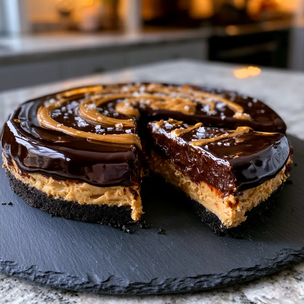Slice of no-bake chocolate peanut butter pie with ganache on a white plate