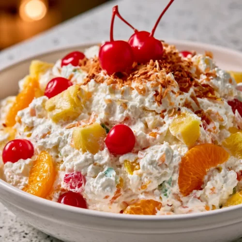 Bowl of Hawaiian cheesecake salad with pineapple, mandarin oranges, and cherries