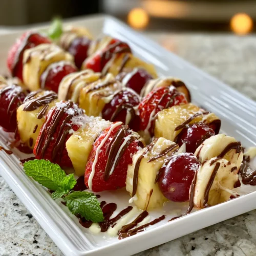 Chocolate drizzled fruit kabobs with strawberries, pineapple, and grapes on a white platter