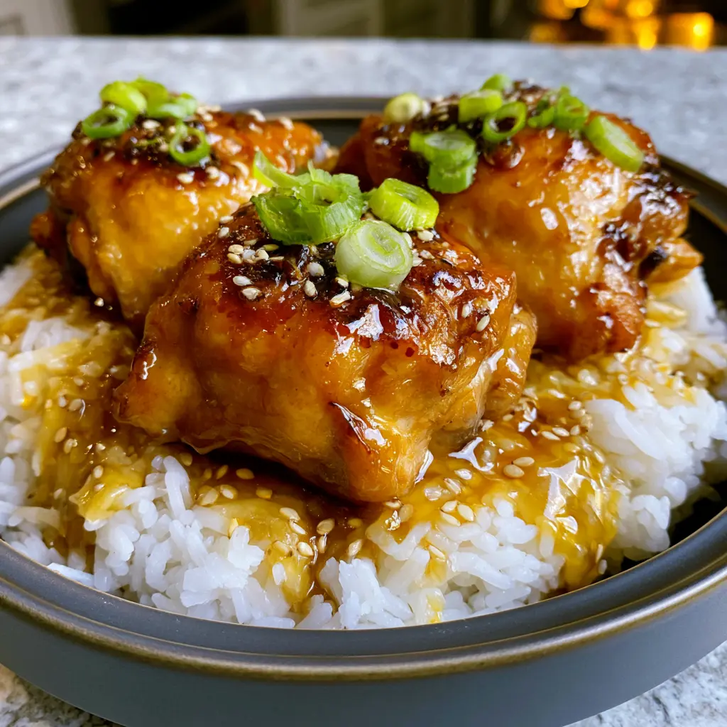 Slow cooker honey garlic chicken thighs glazed with sticky sauce over steamed rice