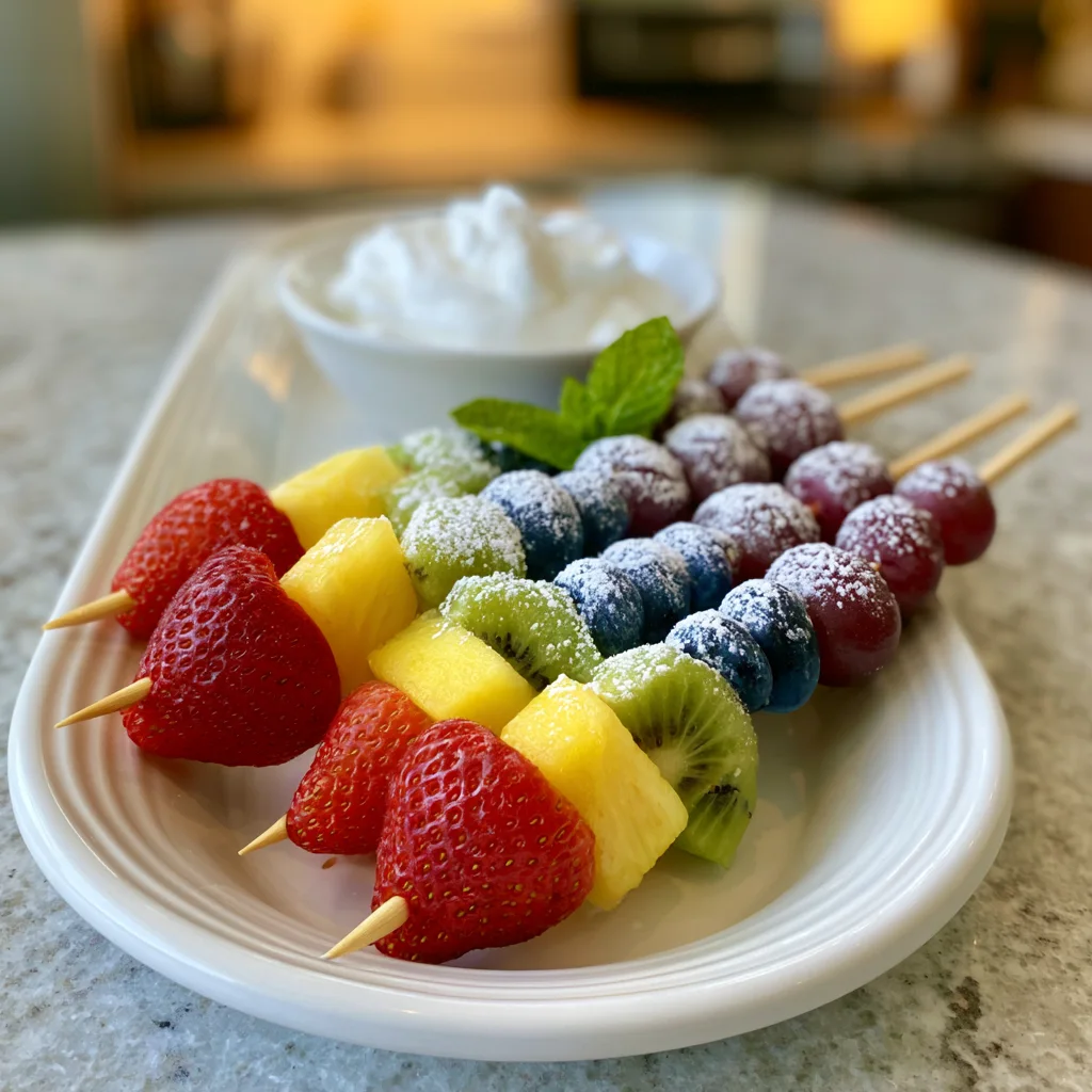 Rainbow fruit kabobs with marshmallow dip on a wooden serving board