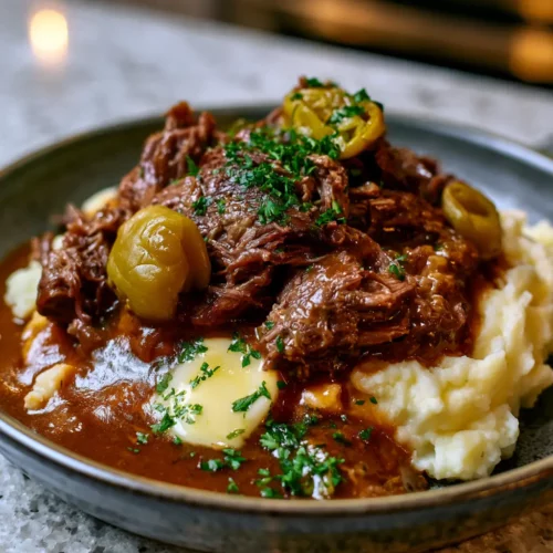 Shredded Mississippi pot roast with gravy and pepperoncini peppers in a crockpot