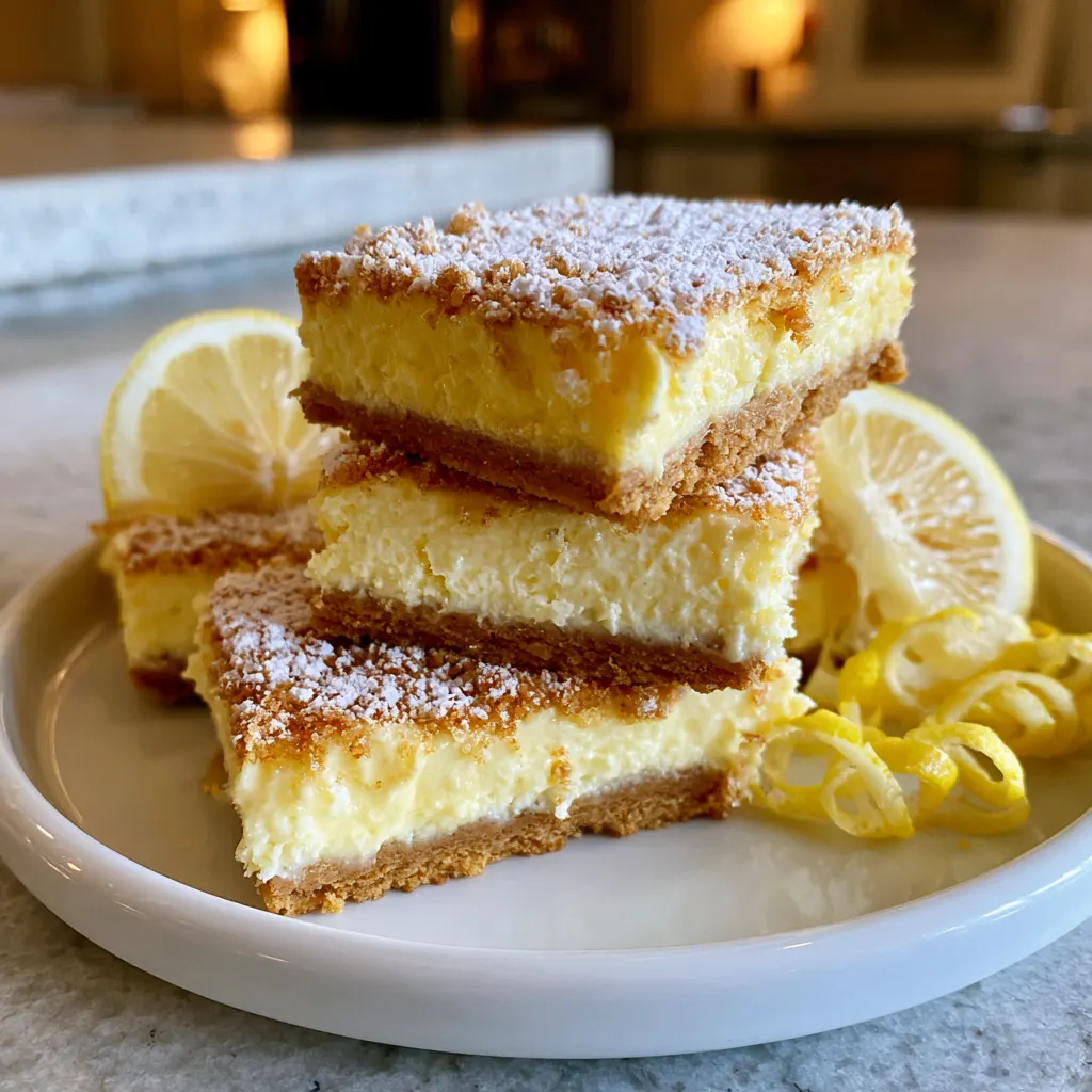No-bake lemon cheesecake bars with graham cracker crust on a white plate