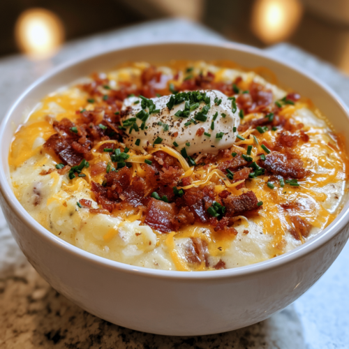 Bowl of crockpot loaded baked potato soup topped with bacon, cheddar, and chives