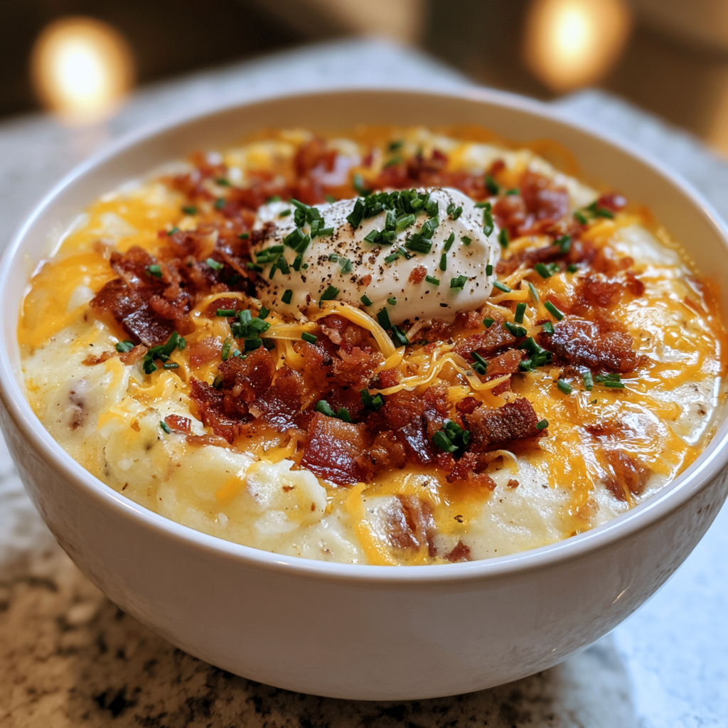 Bowl of crockpot loaded baked potato soup topped with bacon, cheddar, and chives