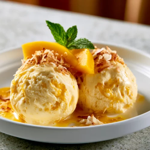 Scoops of no-churn mango coconut ice cream in a white bowl with fresh mango slices