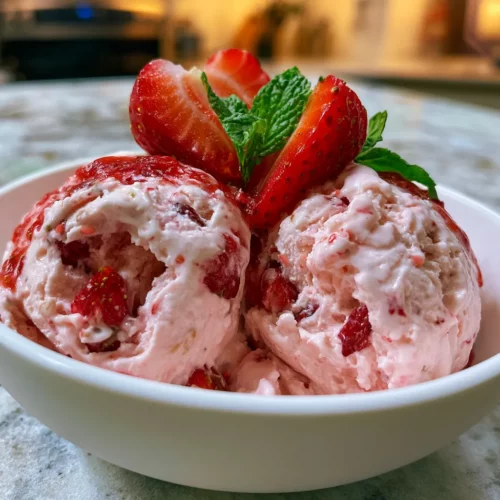 Scoops of no-churn strawberry ice cream in a white bowl with fresh strawberries