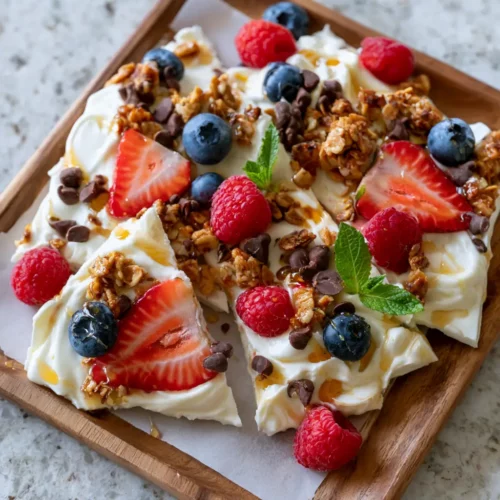 Pieces of frozen yogurt bark with berries, granola, and dark chocolate chips