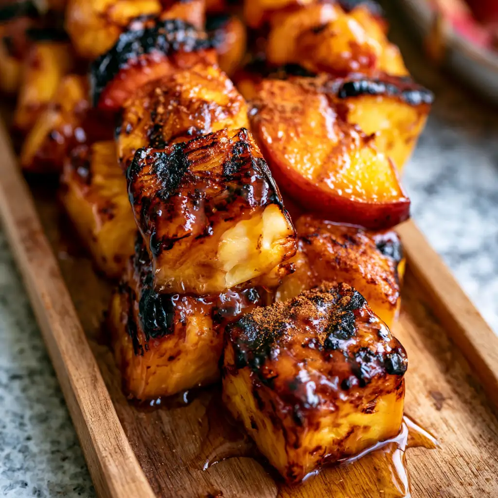 Grilled fruit skewers with honey cinnamon glaze on a wooden board
