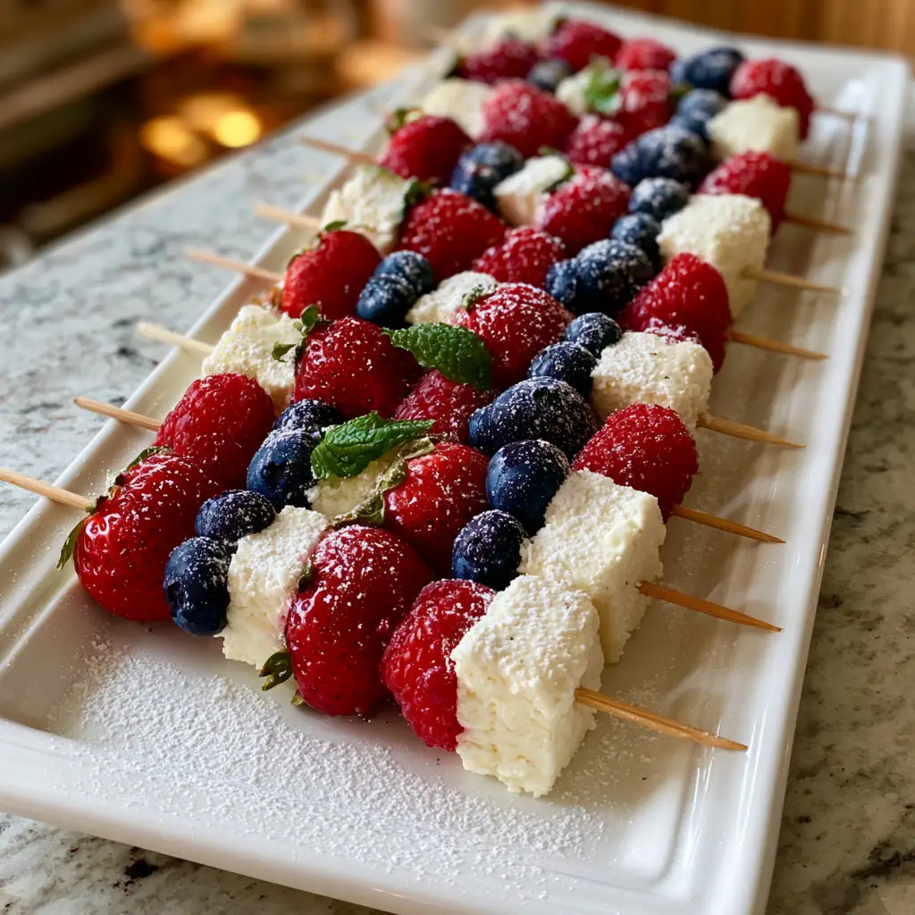 No-bake berry cheesecake skewers with cream cheese bites and fresh berries on a platter