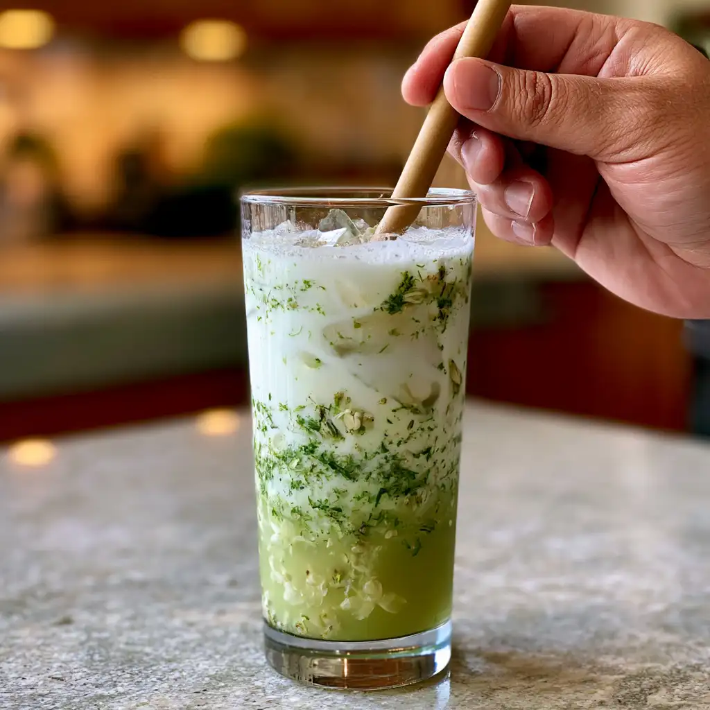 Iced jasmine green tea latte in a tall glass with milk and ice