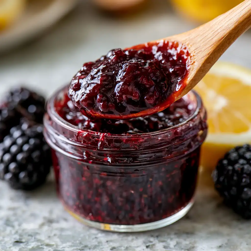 Small batch blackberry jam without pectin in a glass jar with fresh blackberries