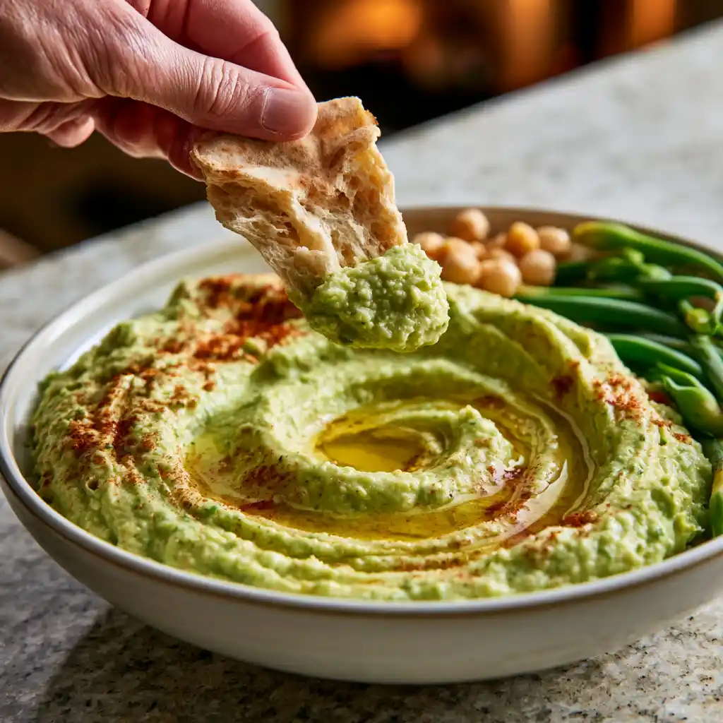 Bowl of creamy garlic scape hummus drizzled with olive oil and smoked paprika