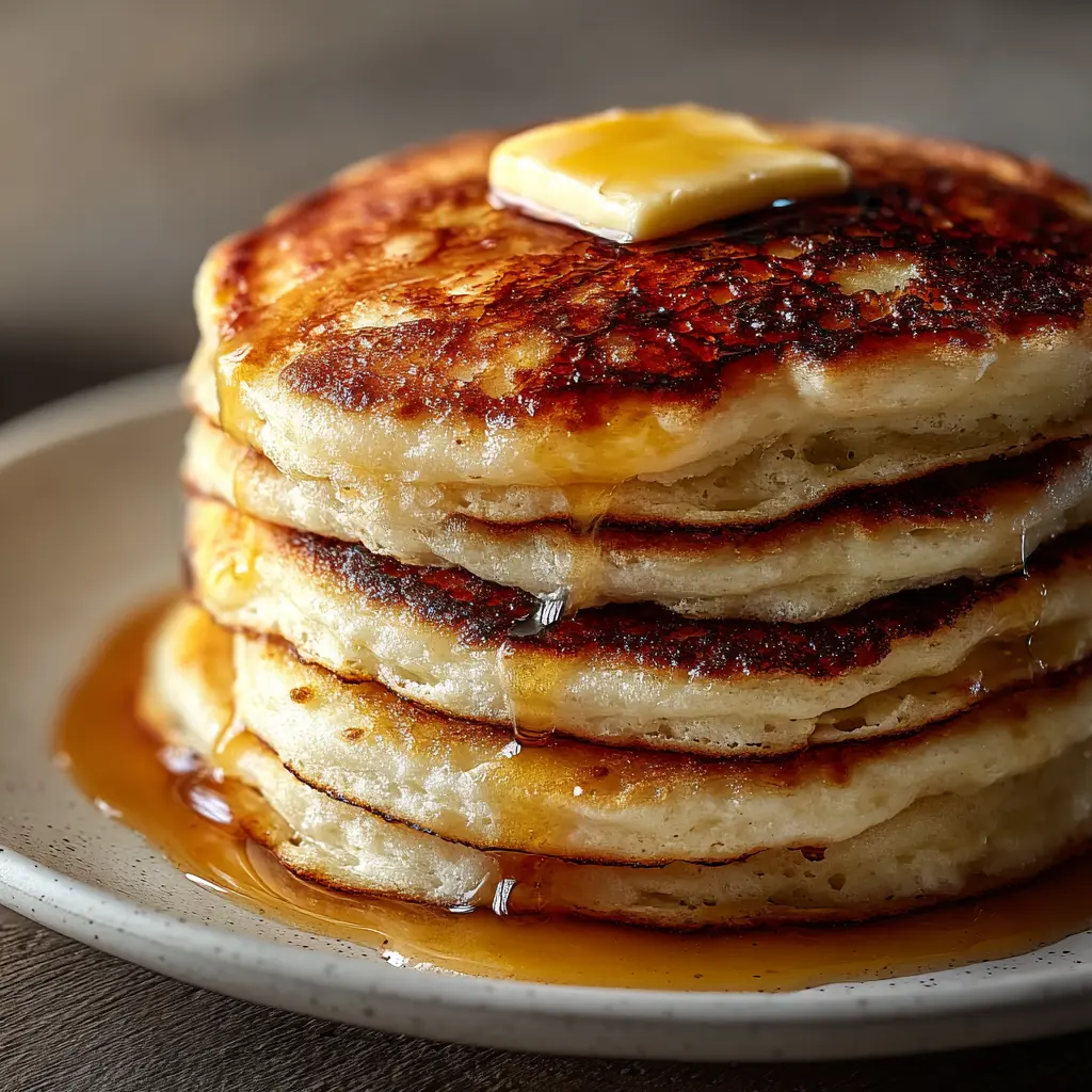 Stack of fluffy buttermilk pancakes topped with butter and maple syrup