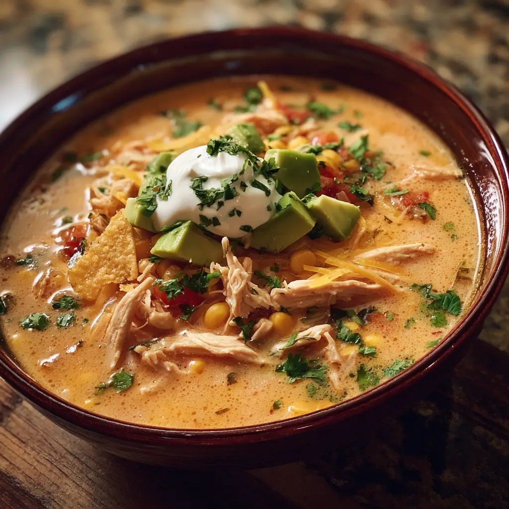 Bowl of creamy crockpot chicken tortilla soup topped with avocado and tortilla strips
