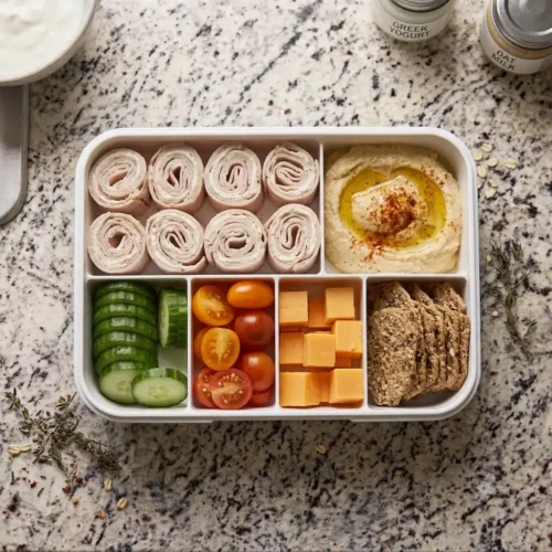 High protein turkey hummus bento box with vegetables, cheese, and crackers in a divided container