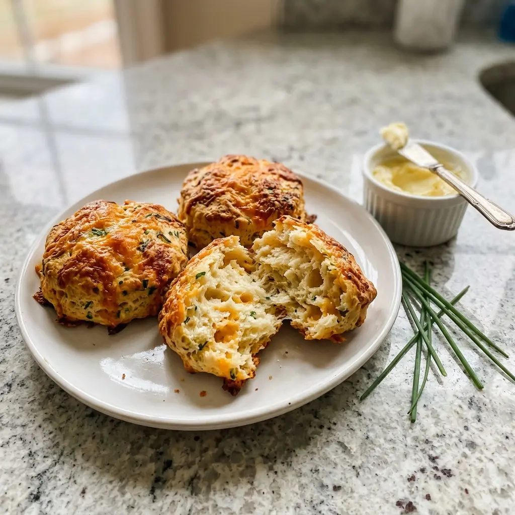 Savory cheddar herb scones with golden cheese crust and fresh herbs on a white plate