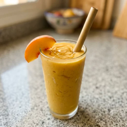 Creamy peach mango Greek yogurt smoothie in a tall clear glass with a peach slice garnish
