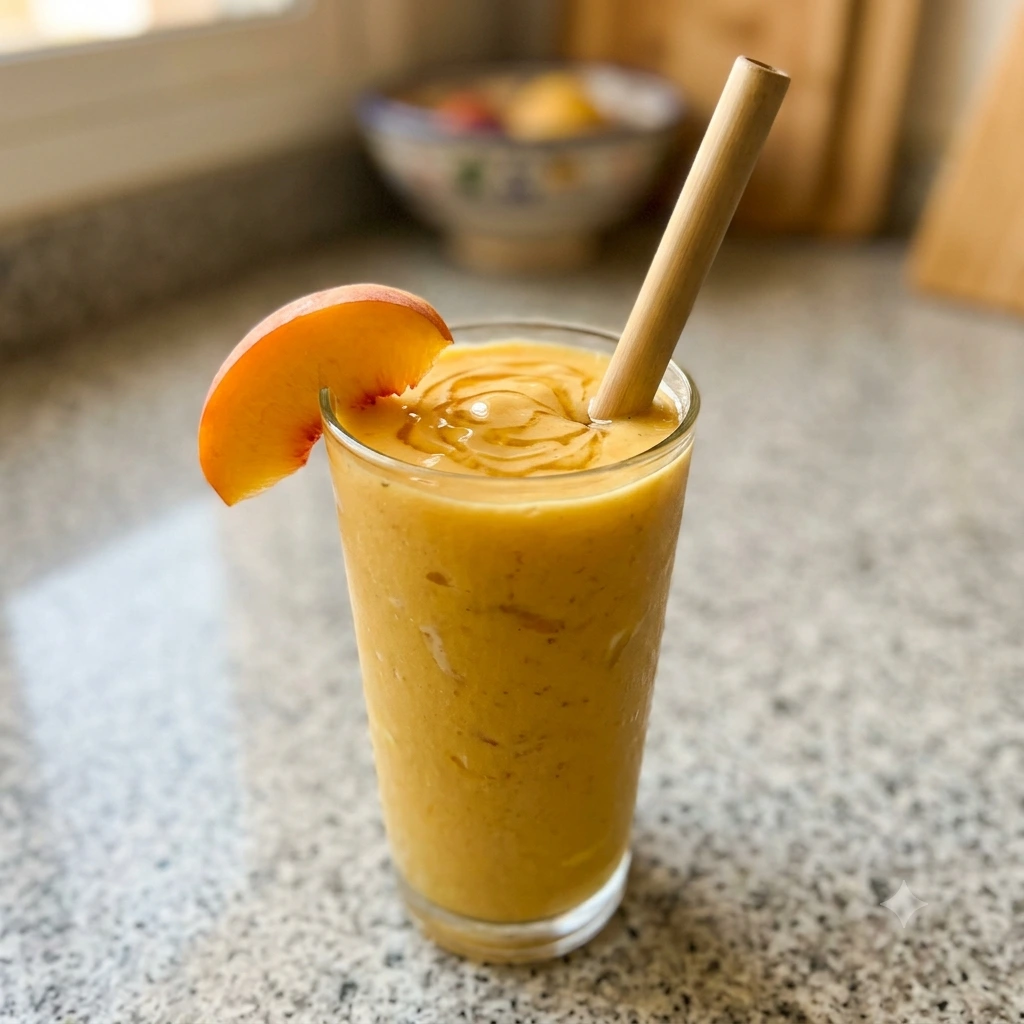 Creamy peach mango Greek yogurt smoothie in a tall clear glass with a peach slice garnish