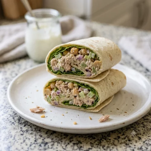 Chickpea tuna salad wraps sliced in half showing creamy filling and lettuce