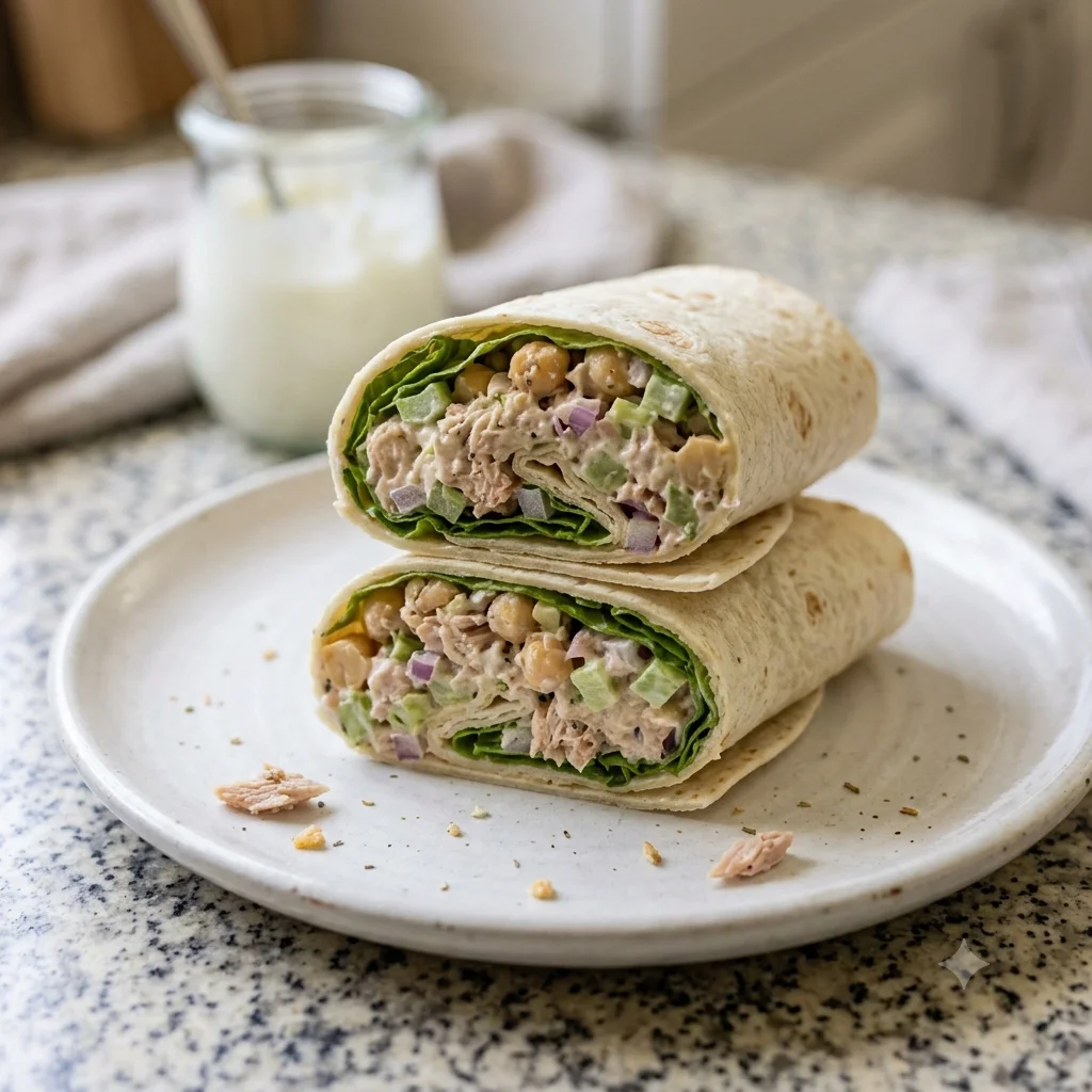 Chickpea tuna salad wrap sliced in half showing creamy filling and lettuce