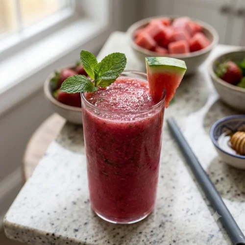 Refreshing watermelon strawberry mint smoothie in a tall clear glass with a mint sprig garnish
