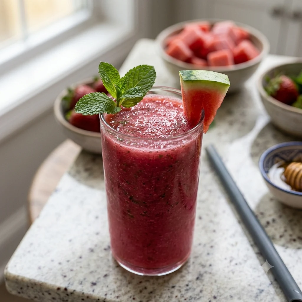 Refreshing watermelon strawberry mint smoothie in a tall clear glass with a mint sprig garnish