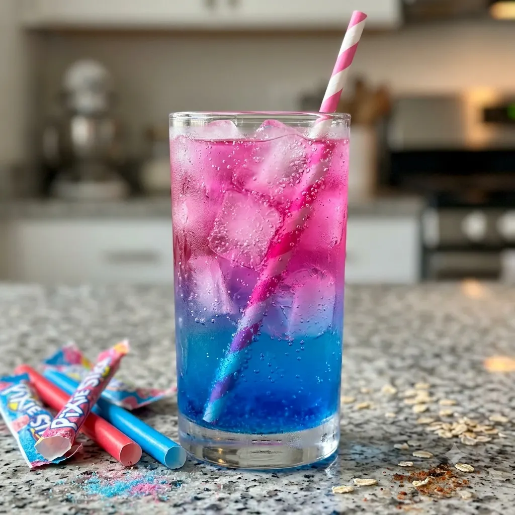 Copycat 7 Brew pixie stick energy drink in a tall clear glass with vibrant color and a colorful straw