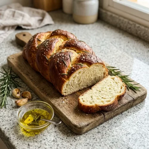 Braided rosemary garlic herb bread loaf on a wooden board with fresh rosemary sprigs