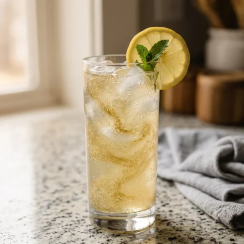 Glass of edible glitter sparkling lemonade with gold shimmer and lemon garnish