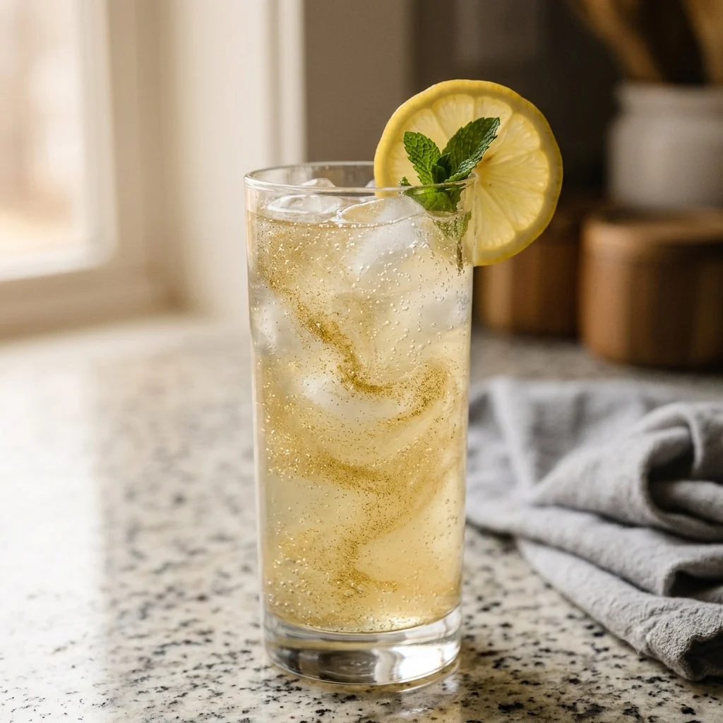 Glass of edible glitter sparkling lemonade with gold shimmer and lemon garnish