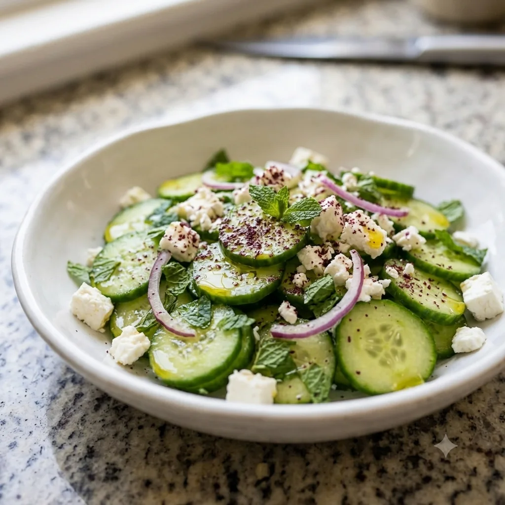 Persian cucumber feta mint salad in a white bowl with lemon dressing and sumac