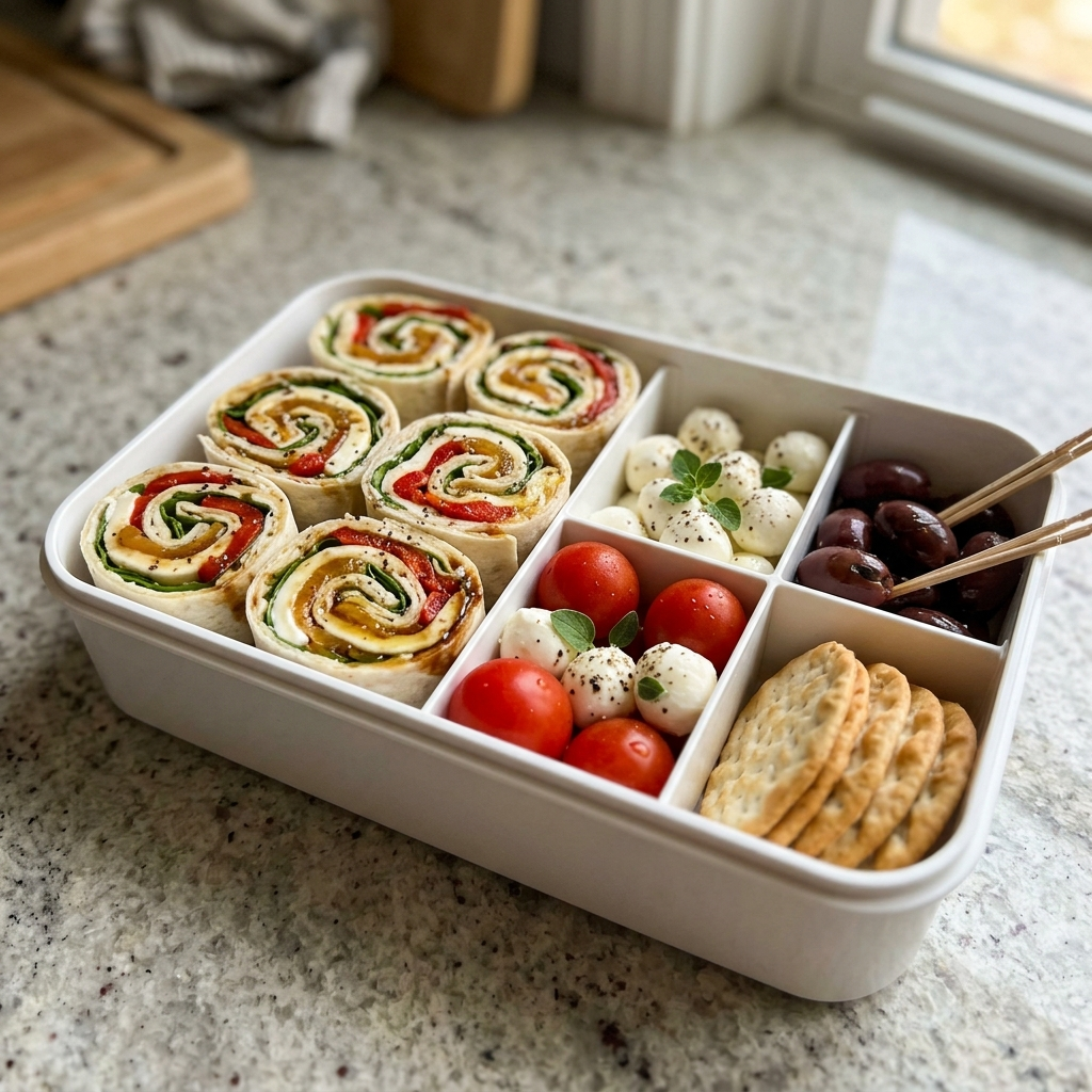 Caprese pinwheel bento box with mozzarella basil spirals, cherry tomatoes, and olives in a divided container