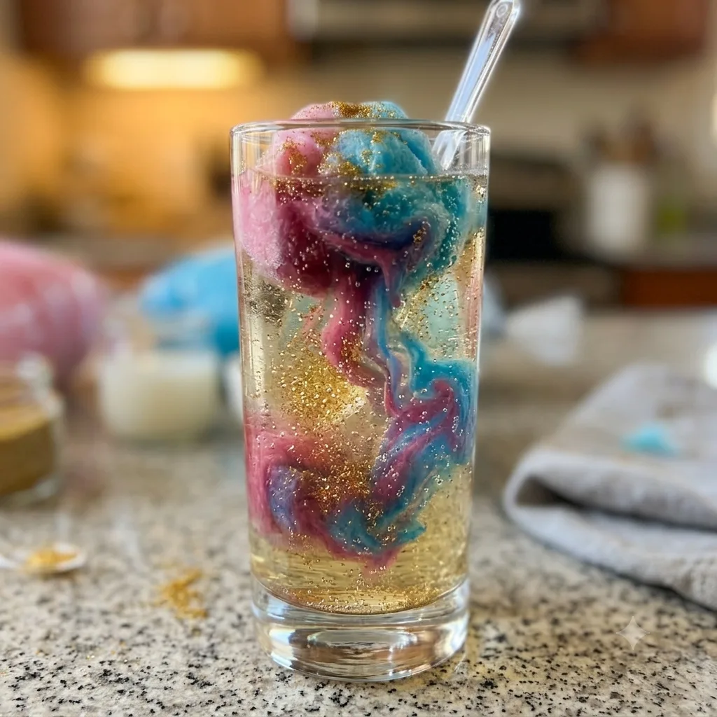 Cotton candy glitter bomb dissolving in a sparkling drink with swirling color and gold glitter