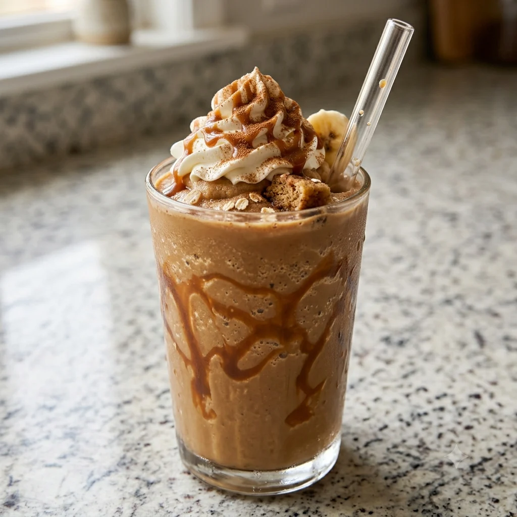 Homemade 7 Brew banana bread blondie frozen drink in a tall clear glass with caramel drizzle