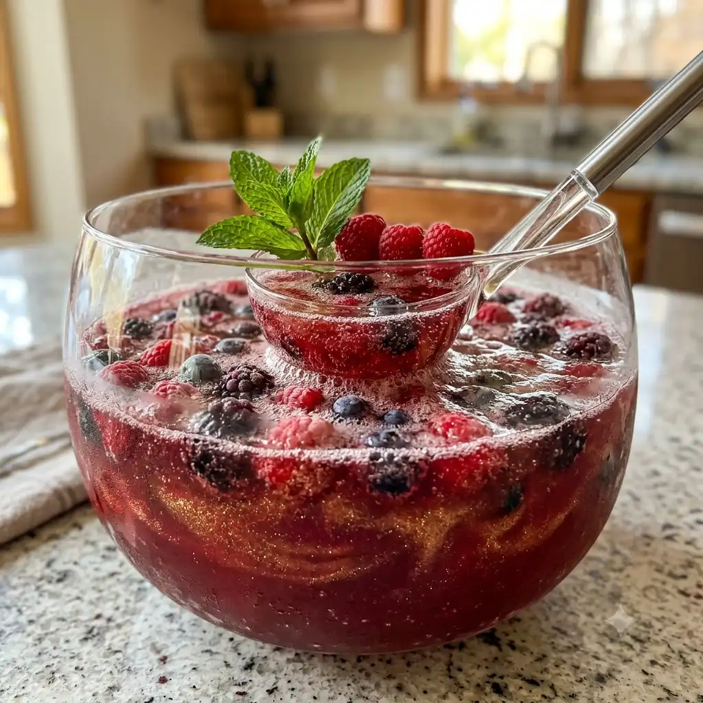 Glitter berry punch mocktail in a punch bowl with frozen berries and gold shimmer